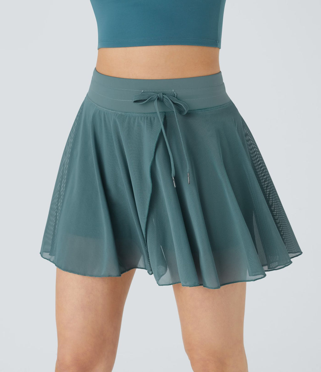 Jupe Casual Évasée Fluide 2 en 1 en Maille Contrastée Taille Haute Cordon de Serrage Poche Latérale