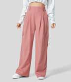 Pantalon Palazzo Fluide à Taille Haute avec Plis et Multiples Poches, Style Décontracté, Aspect Lin