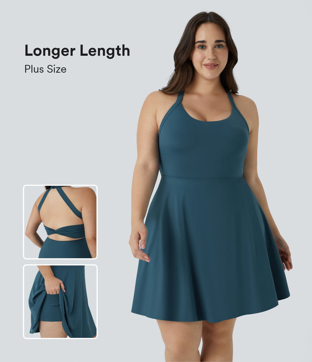 Robe Danse Barre Ballet Grande Taille 2 en 1 Col en U Dos Nu avec Découpe Torsadée et Poches Latérales - Plus Longue