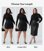 Jupe mini moulante grande taille 2 en 1 taille haute ventre plat froncée ourlet arrondi en polaire simili cuir — longueur allongée