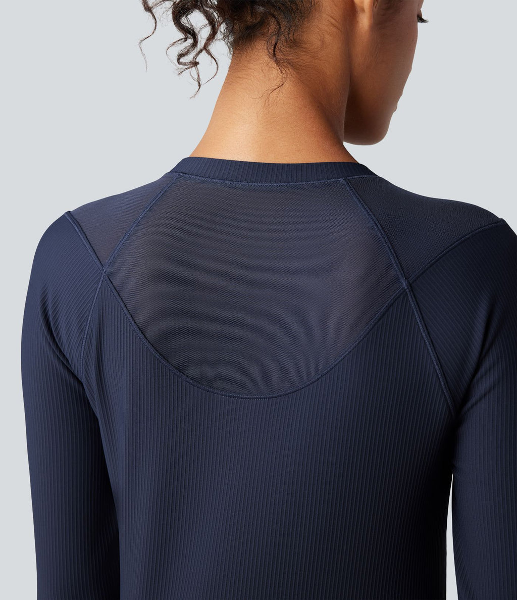 Top de sport yoga col rond manches raglan longues mesh contrastant