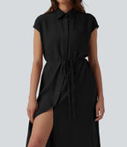 Robe chemise casual mi-longue col manches courtes ceinturée ourlet arrondi avec fente et poches