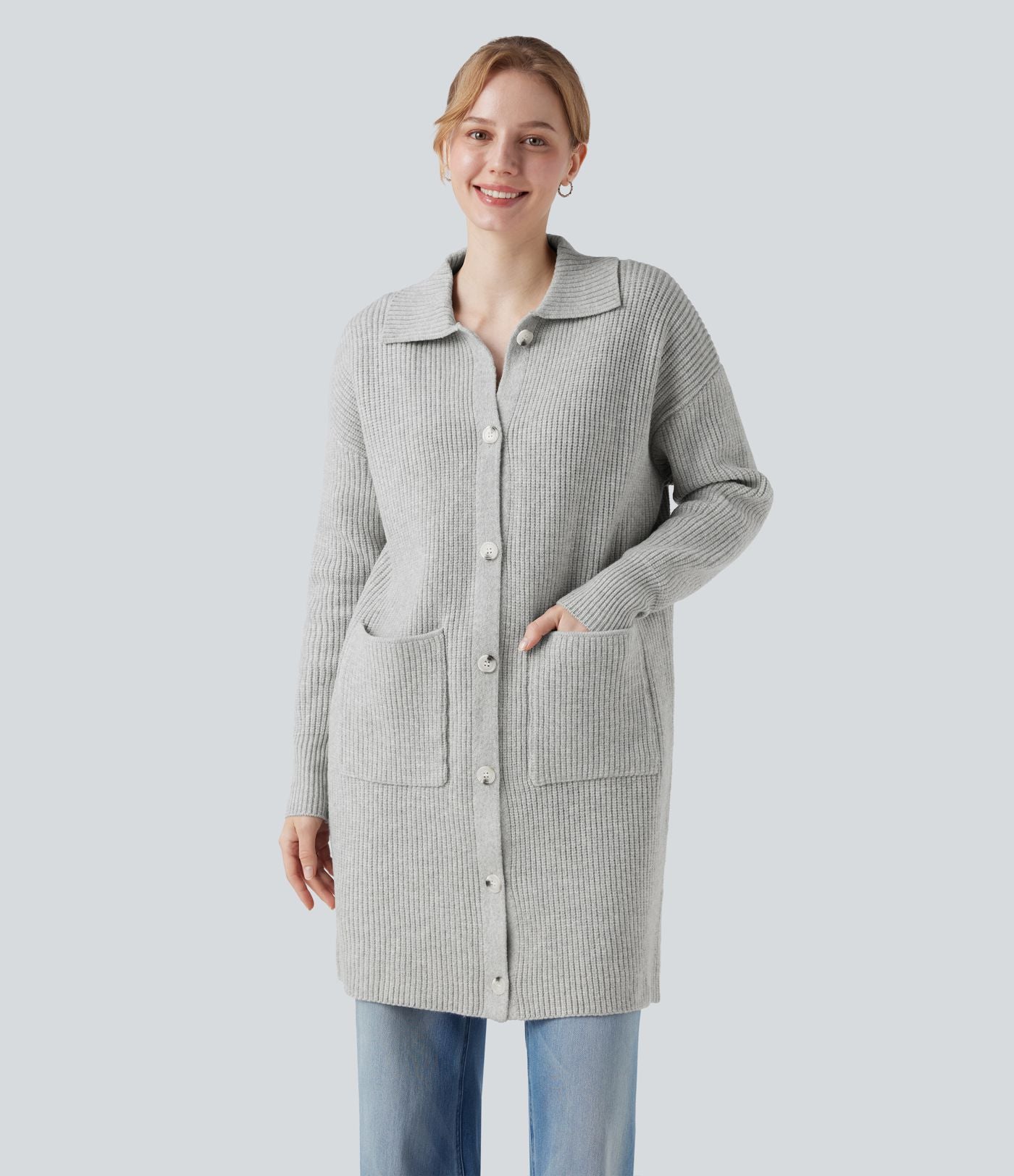Gilet long casual col manches longues boutonné avec poches