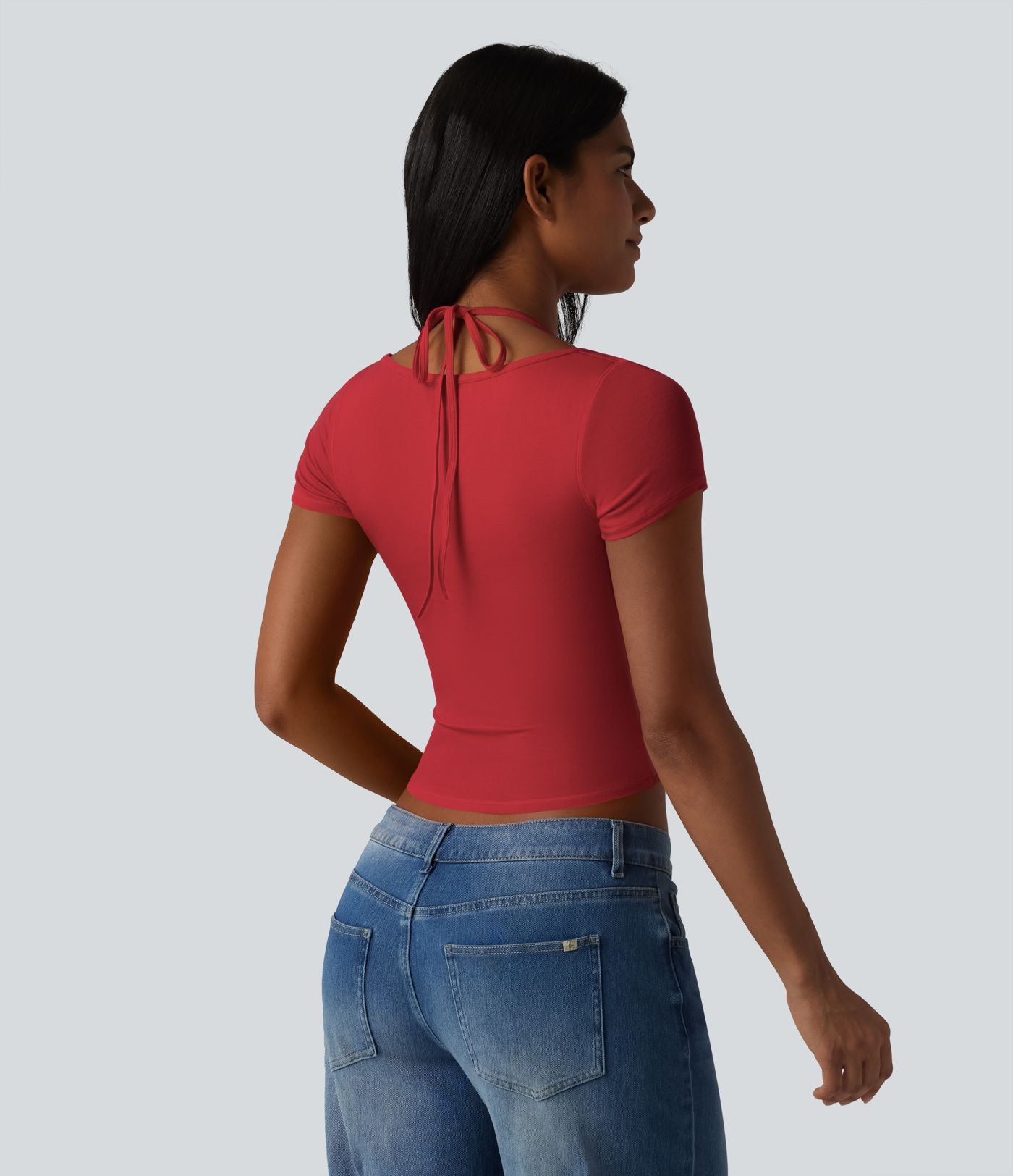 T-shirt crop décontracté côtelé dos nu à nouer avec soutien-gorge intégré manches courtes