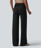 Pantalon large décontracté taille haute ventre plat en maille côtelée avec poches