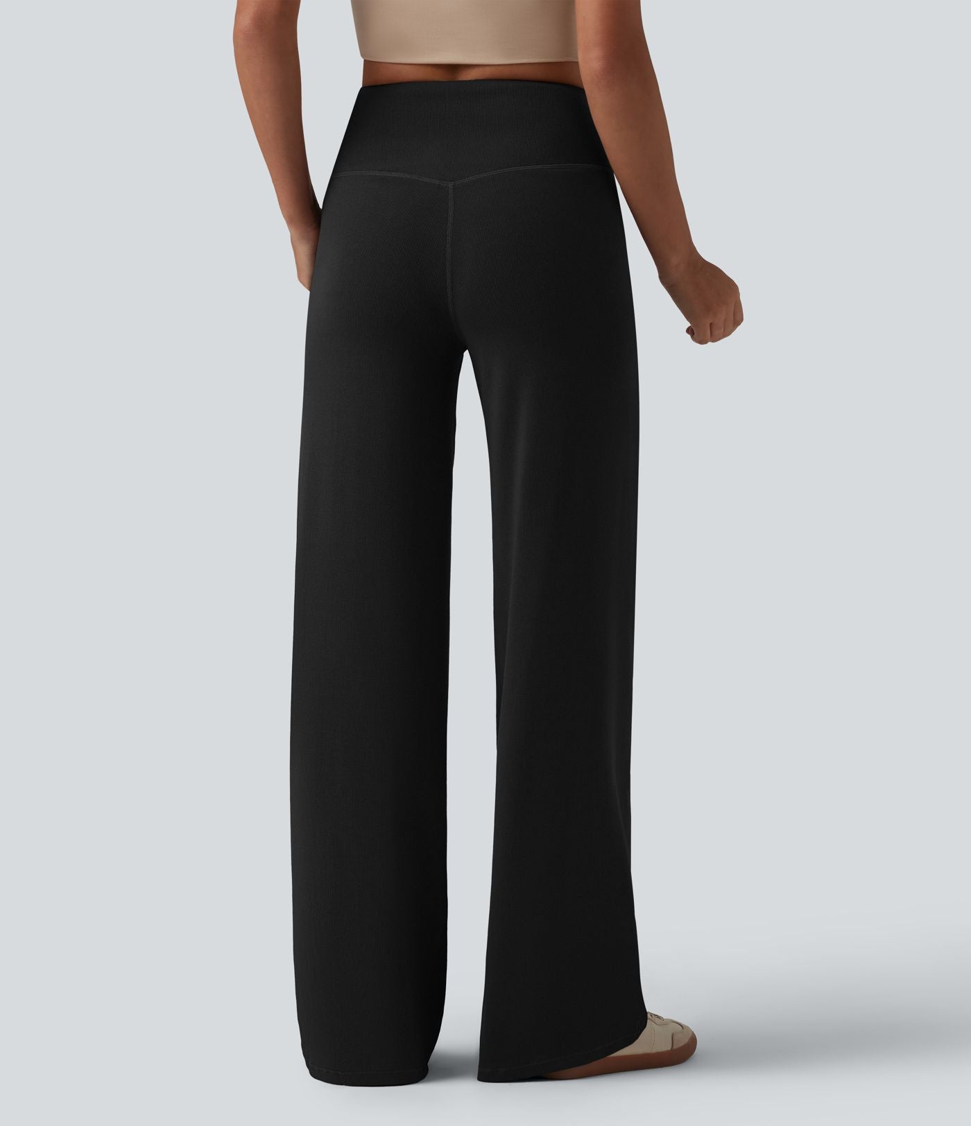 Pantalon large décontracté taille haute ventre plat en maille côtelée avec poches