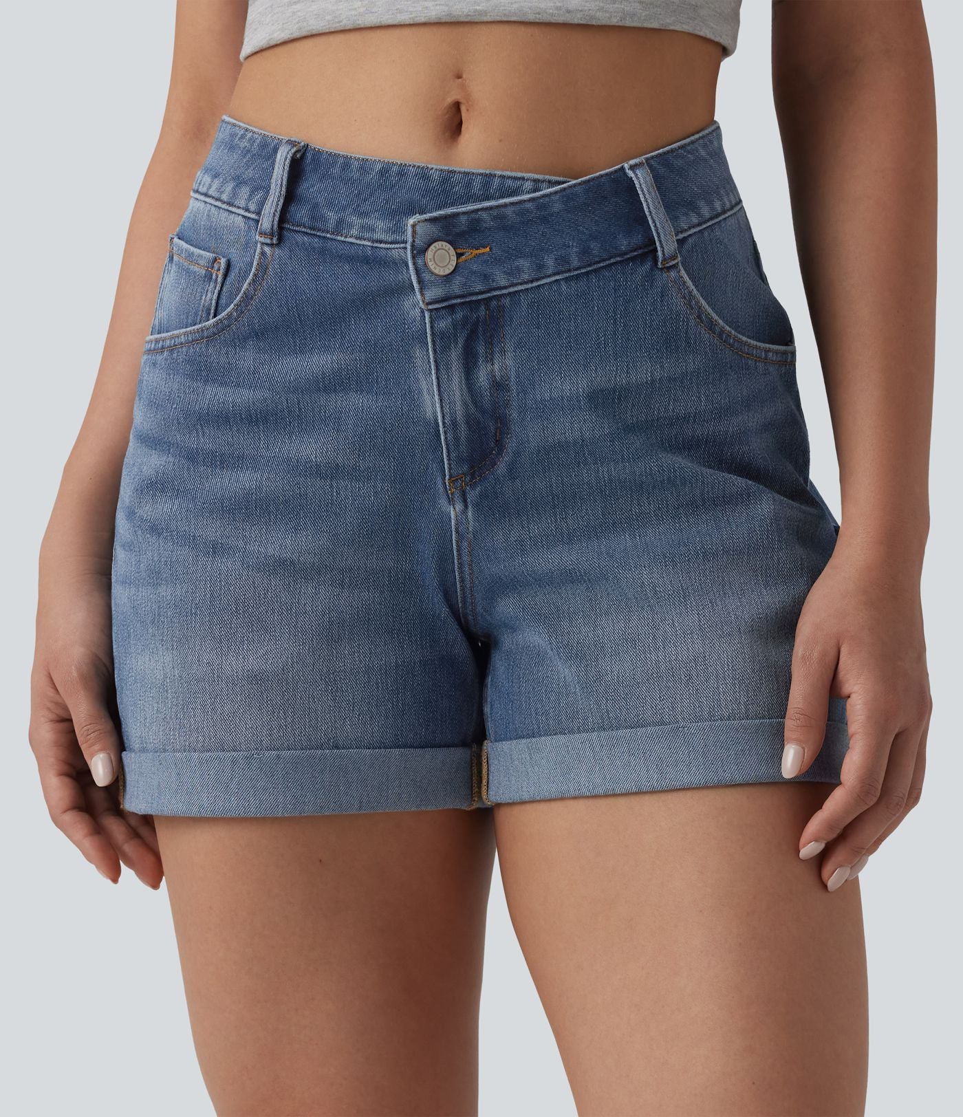 Short denim décontracté Halara Flex™ asymétrique délavé taille haute ourlet roulotté avec poches