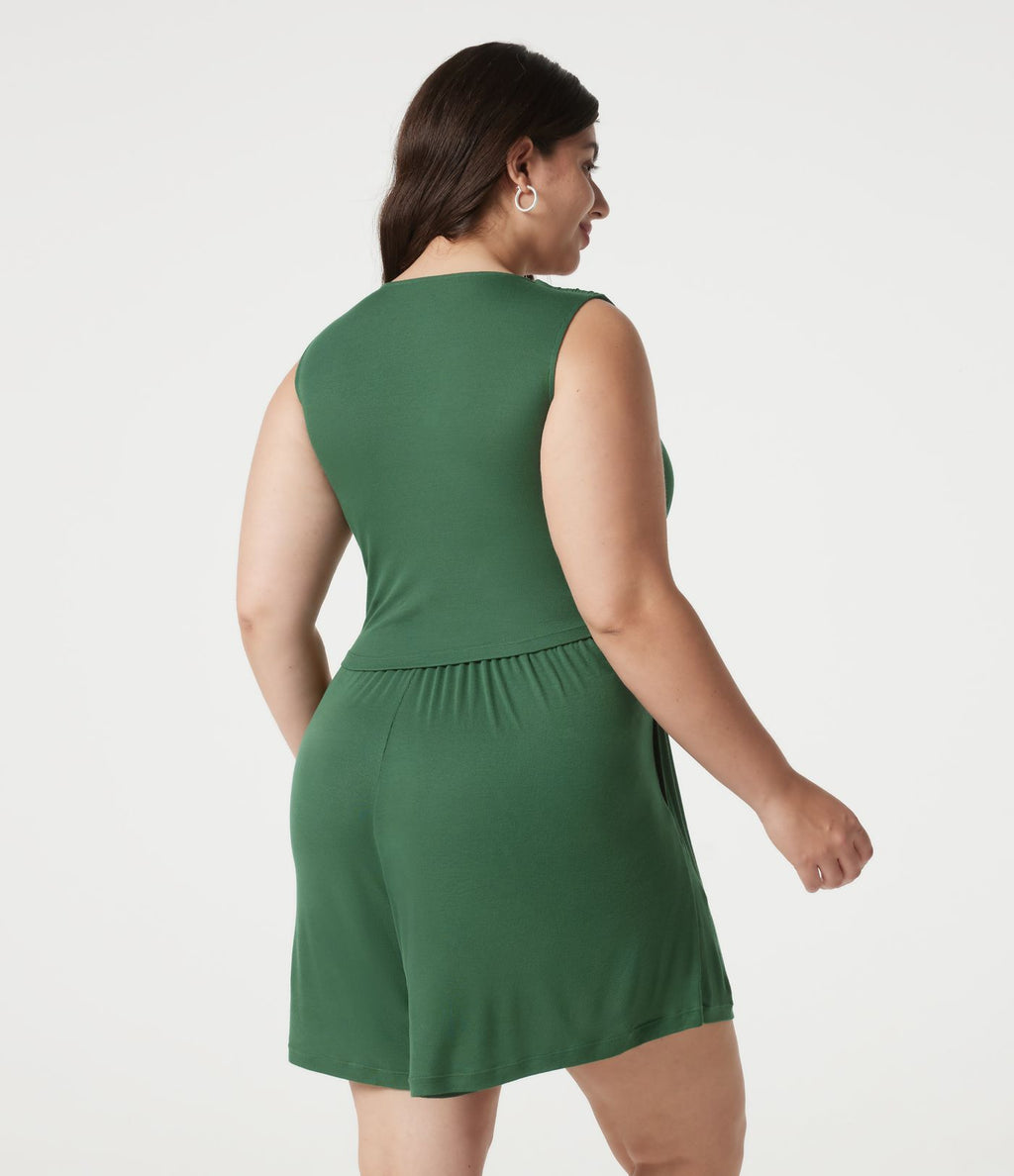 Combishort casual grande taille froncé côtelé sans manches à col V avec brassière intégrée et poches - Édition Easy Peasy