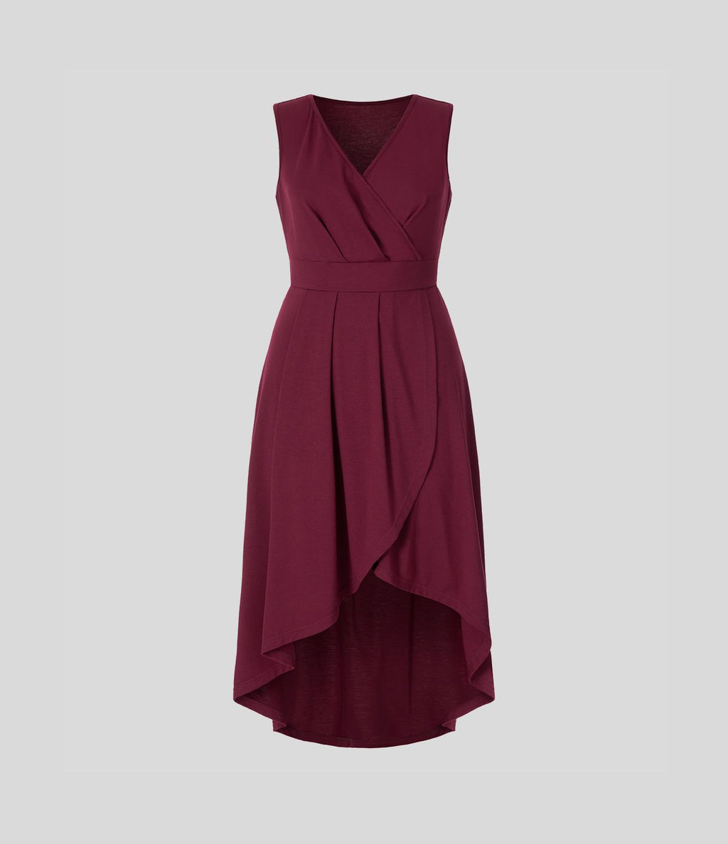 Robe Mi-Longue Plissée Décolleté Plongeant Sans Manches Haut Bas Ourlet Croisé