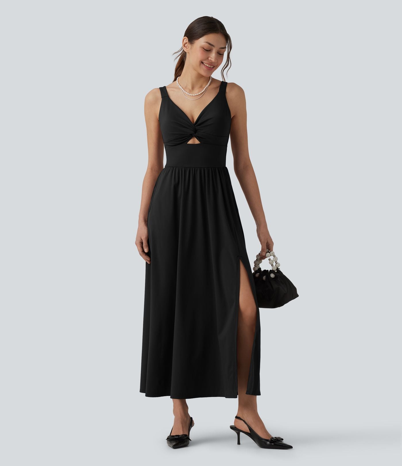 Robe de soirée mi-longue SoftlyZero™ Airy col V sans manches torsadée avec fente, coques fixes et effet frais InstantCool avec poches