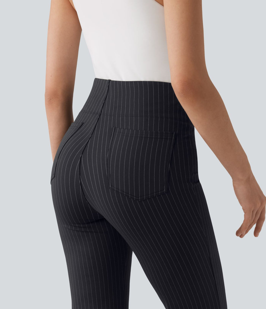 Pantalon tailleur évasé à rayures taille haute avec poches