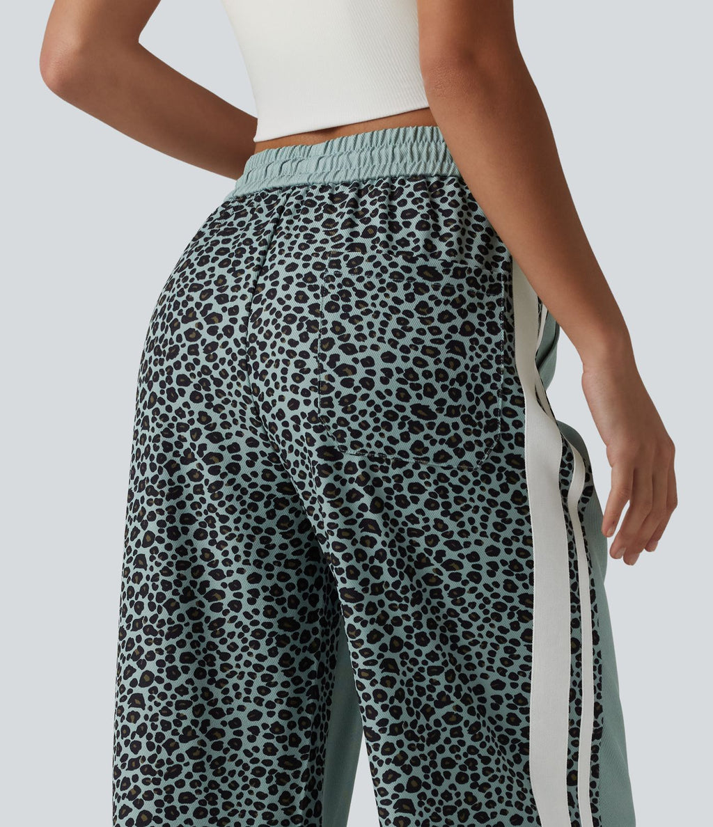 Pantalon ample décontracté taille mi-haute avec cordon de serrage color block rayures léopard contrastant avec poches