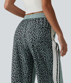 Pantalon ample décontracté taille mi-haute avec cordon de serrage color block rayures léopard contrastant avec poches