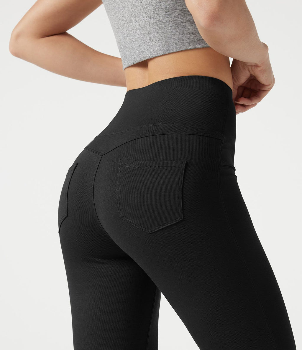 Pantalon bootcut décontracté, taille haute, à poches