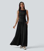Robe longue fluide casual col bateau à bretelles asymétriques et fronces en maille côtelée avec poches