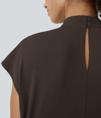 Blouse de Travail à Col Montant Plissée avec Boutons dans le Dos et Manches Courtes