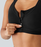 Brassière de sport d'entraînement maintien moyen col rond échancré dos nageur avec fermeture éclair, mesh contrasté et coussinets non amovibles