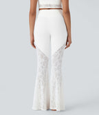Pantalon de yoga évasé à taille haute croisée, poche arrière et dentelle