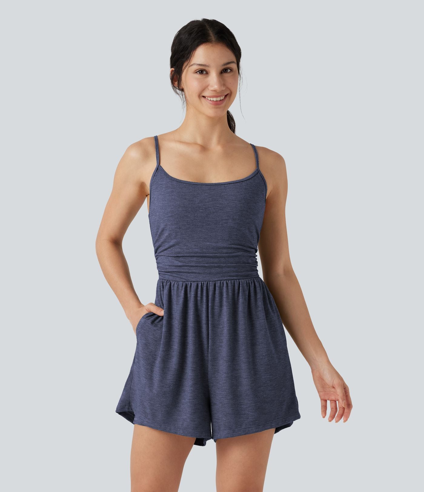Combi-short casual 2-en-1 chiné froncé avec brassière intégrée et poches — Édition Easy Peasy