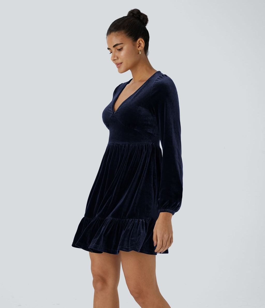 Quotidien Robe de Soirée Mini en Velours à Encolure en V Profond et Ourlet Volanté
