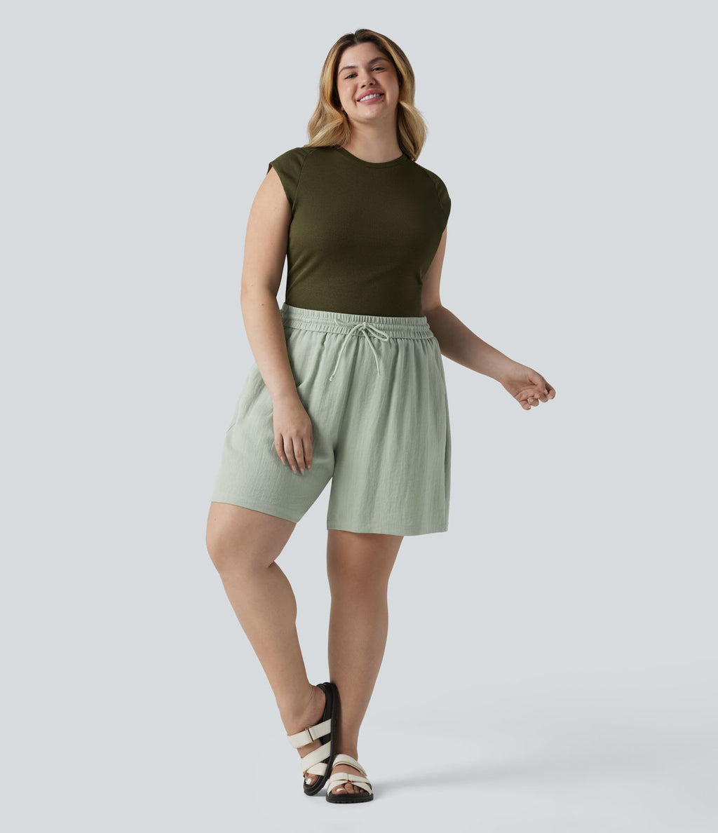 Short casual aspect lin grande taille taille haute avec cordon de serrage et poches