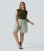 Short casual aspect lin grande taille taille haute avec cordon de serrage et poches