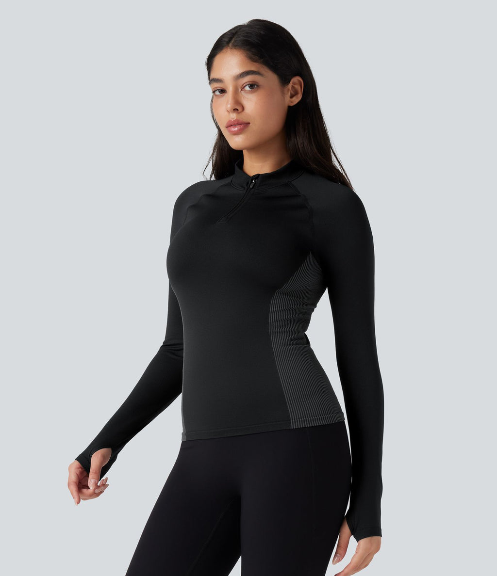 Haut de sport yoga demi-zip à manches longues avec passants pouces sans couture OneForm Seamless Flow