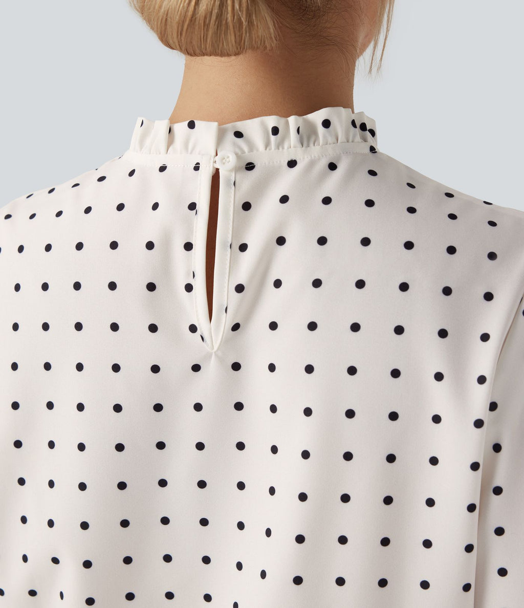 Blouse travail col montant à volants pois manches longues