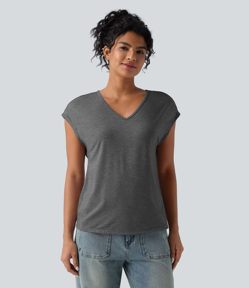 T-shirt décontracté chiné ample à manches courtes et col V