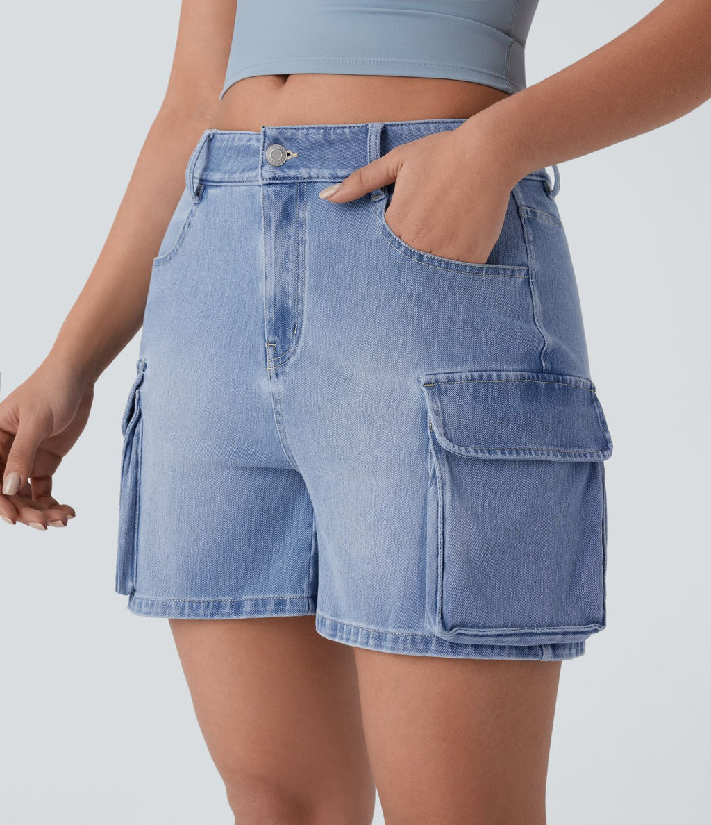 Short cargo décontracté en denim extensible délavé avec poches multiples et taille basse Halara Flex™