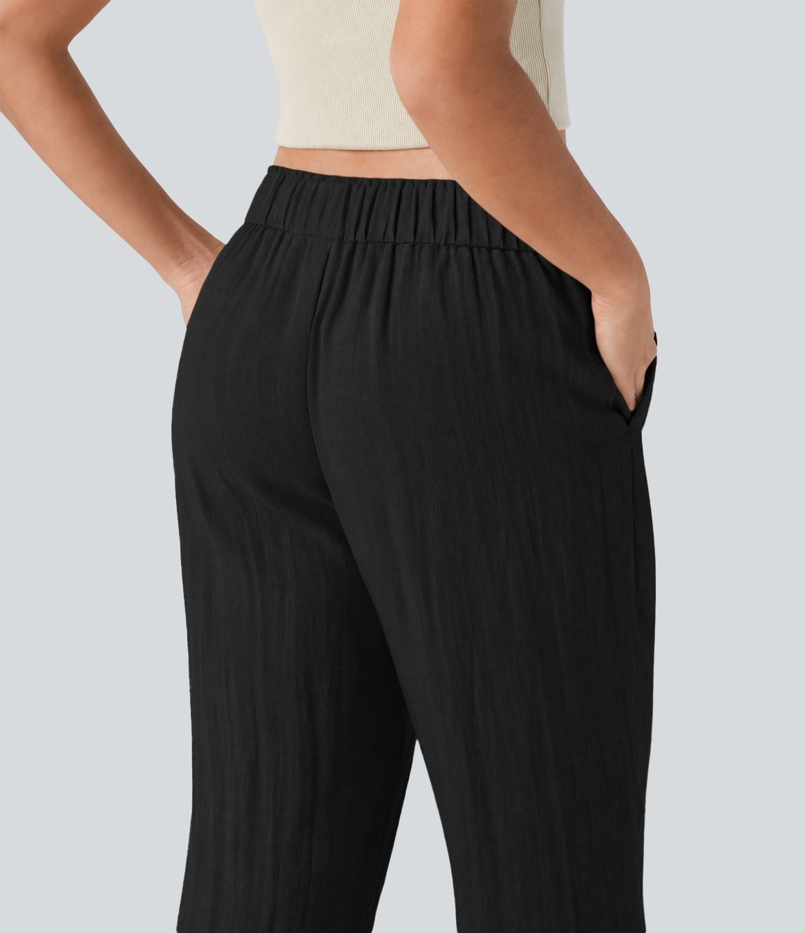 Pantalon baggy large casual effet lin taille basse avec cordon et poches