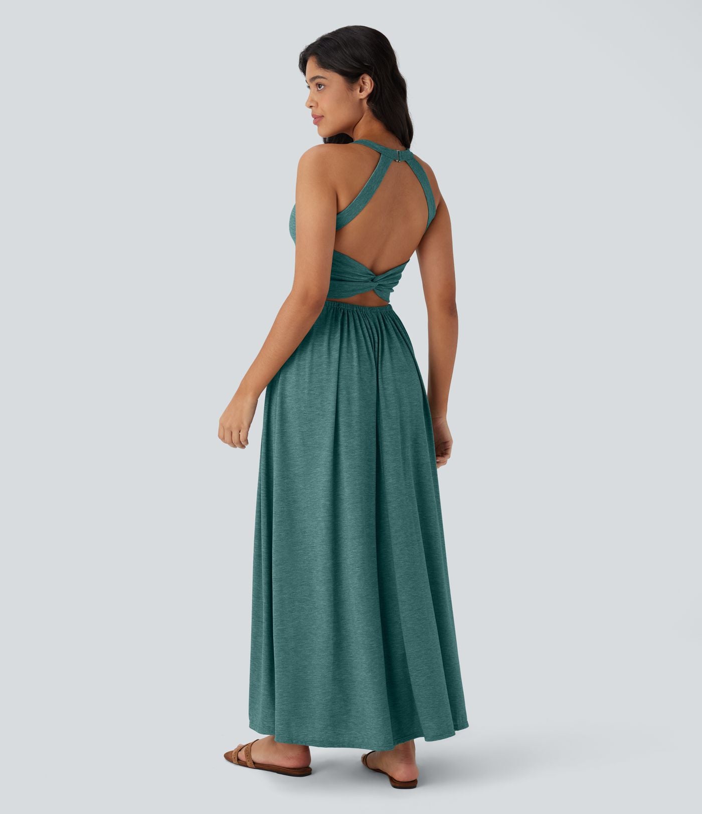 Robe longue fluide fendue avec poches latérales, dos nu et effet torsadé
