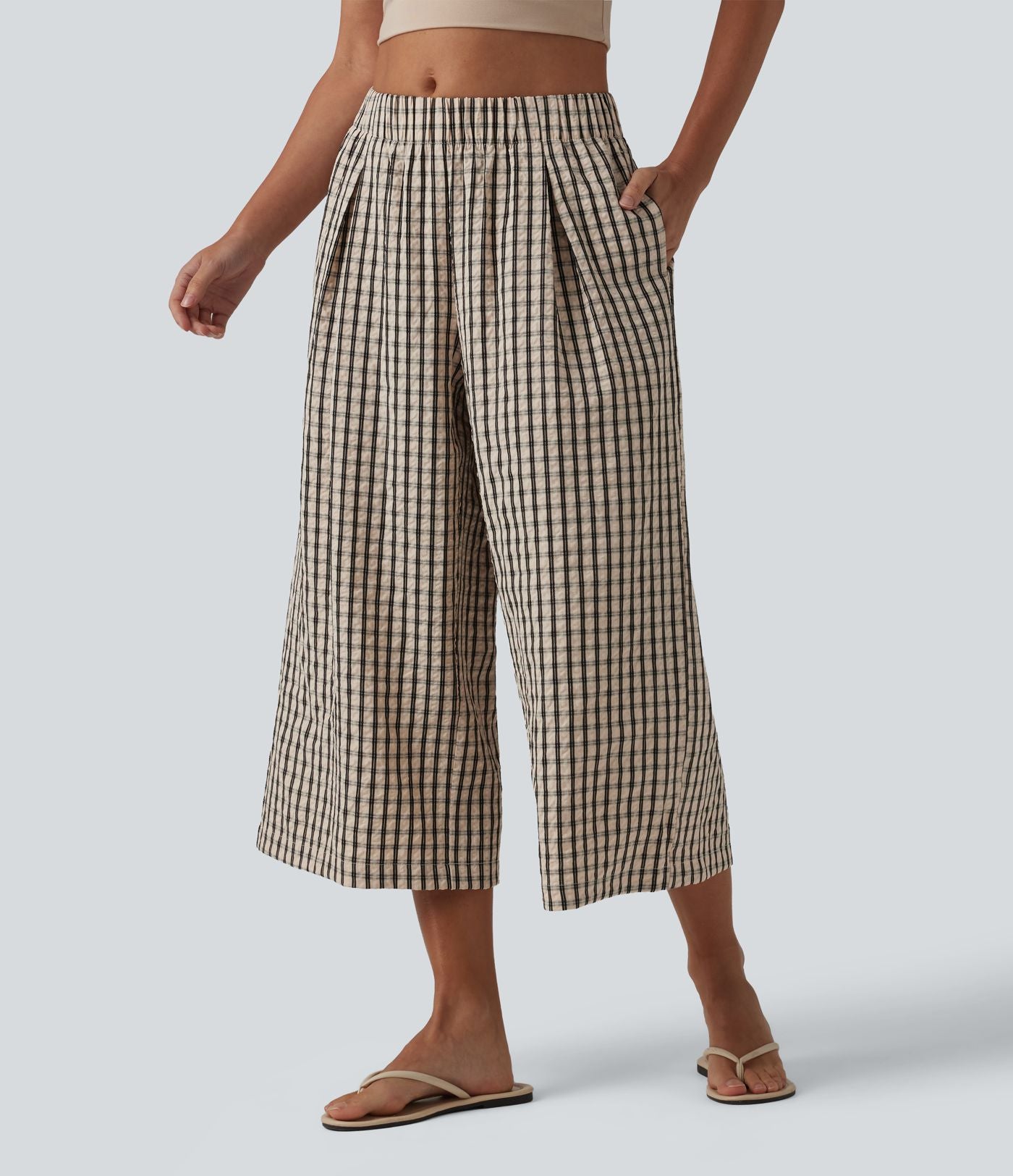 Pantalon ample raccourci à carreaux taille mi-haute avec poches