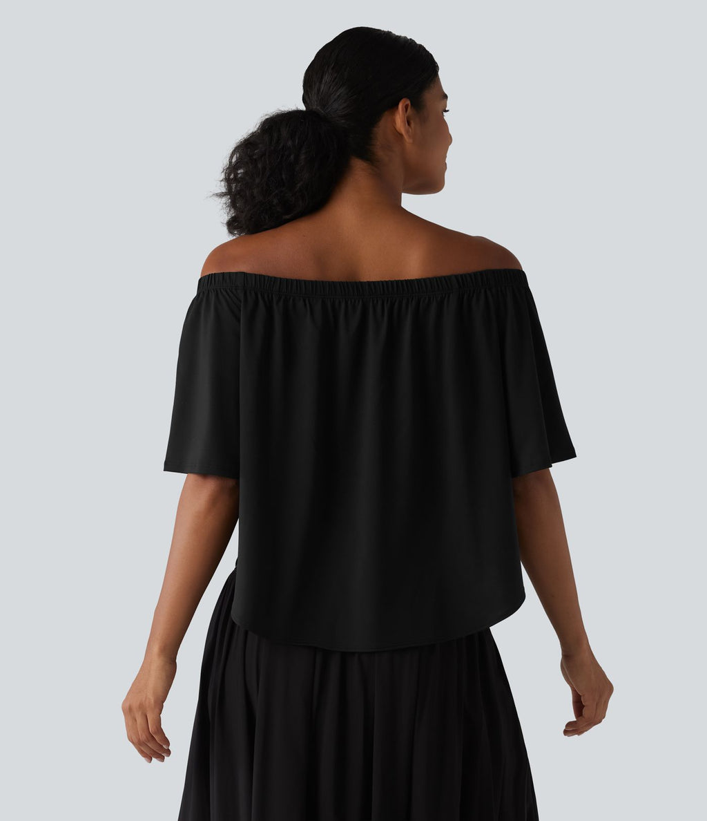 T-shirt épaules dénudées manches courtes avec fente, ourlet arrondi et soutien-gorge intégré coupe décontractée