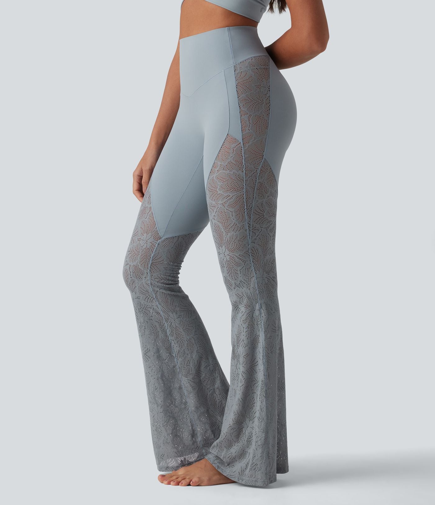 Pantalon de yoga évasé gainant taille haute avec dentelle contrastée et poche Halara UltraSculpt™