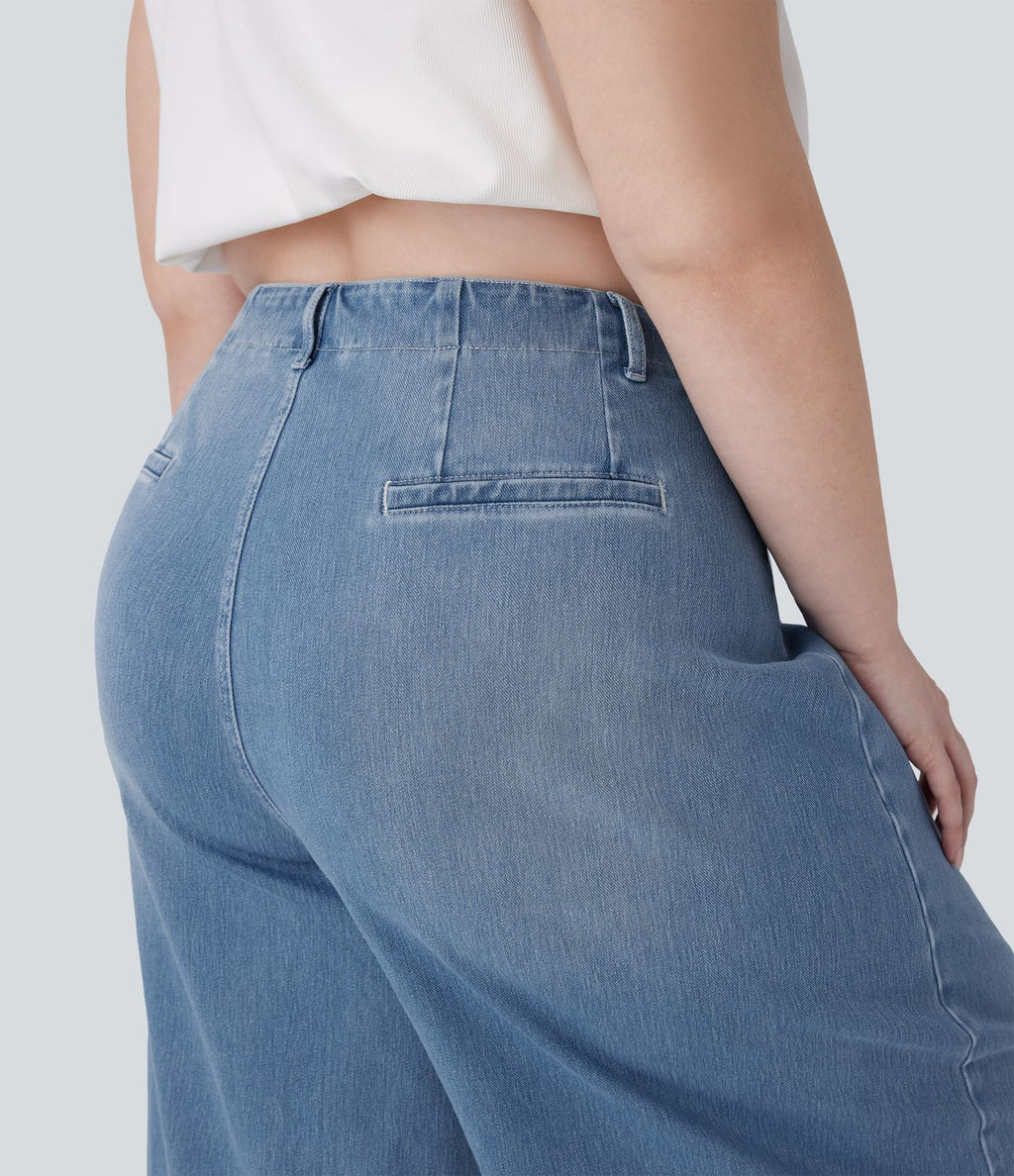 Jean décontracté Halara Flex™ grande taille large taille haute en maille extensible délavée avec poches avant