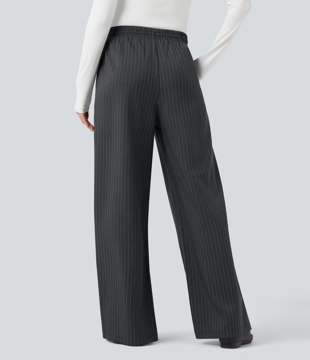 Pantalon décontracté large rayé taille haute avec cordon et poches