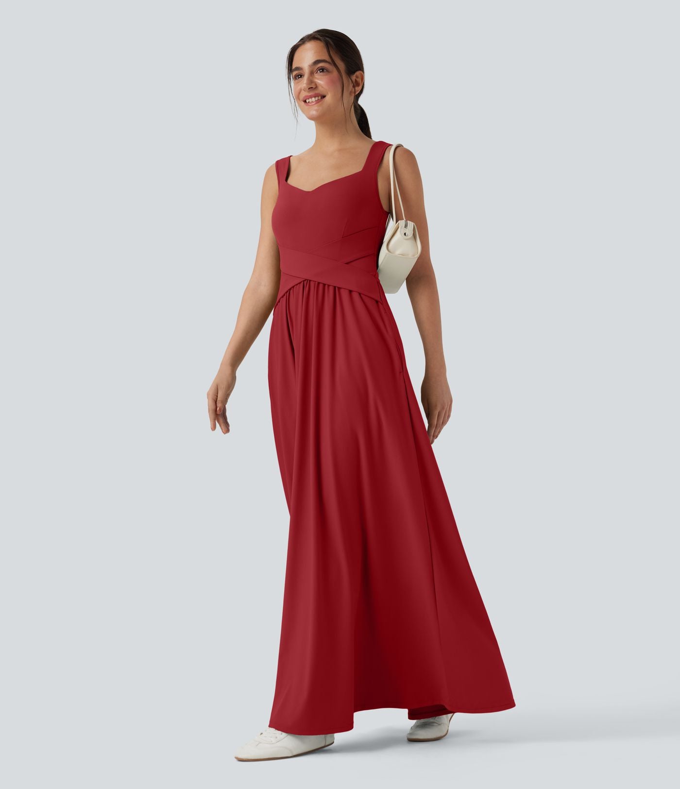 Robe maxi fluide dos nu, avec brassière intégrée et poches