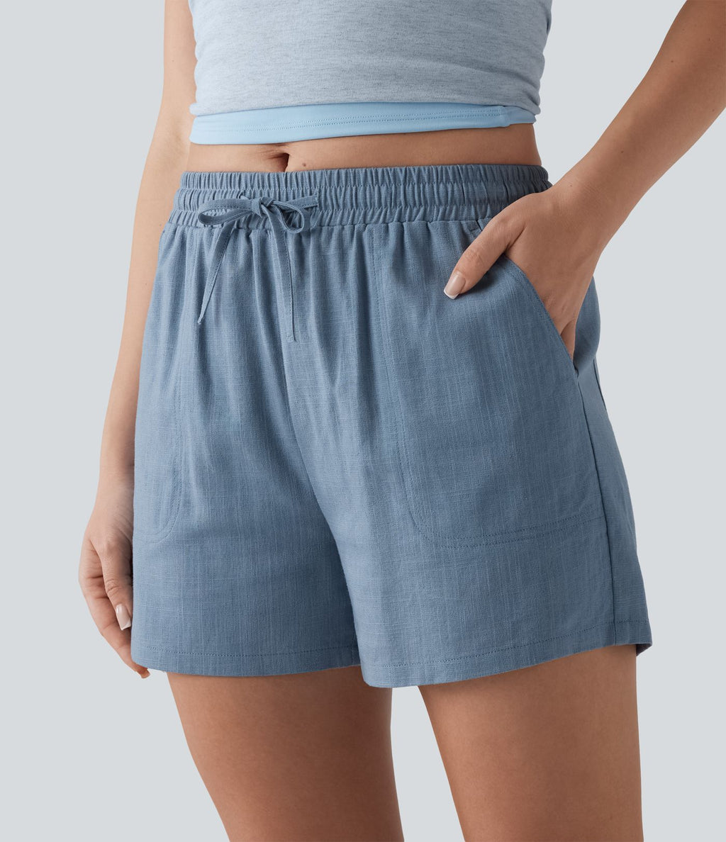 Short casual lin taille mi-haute avec cordon de serrage et poches