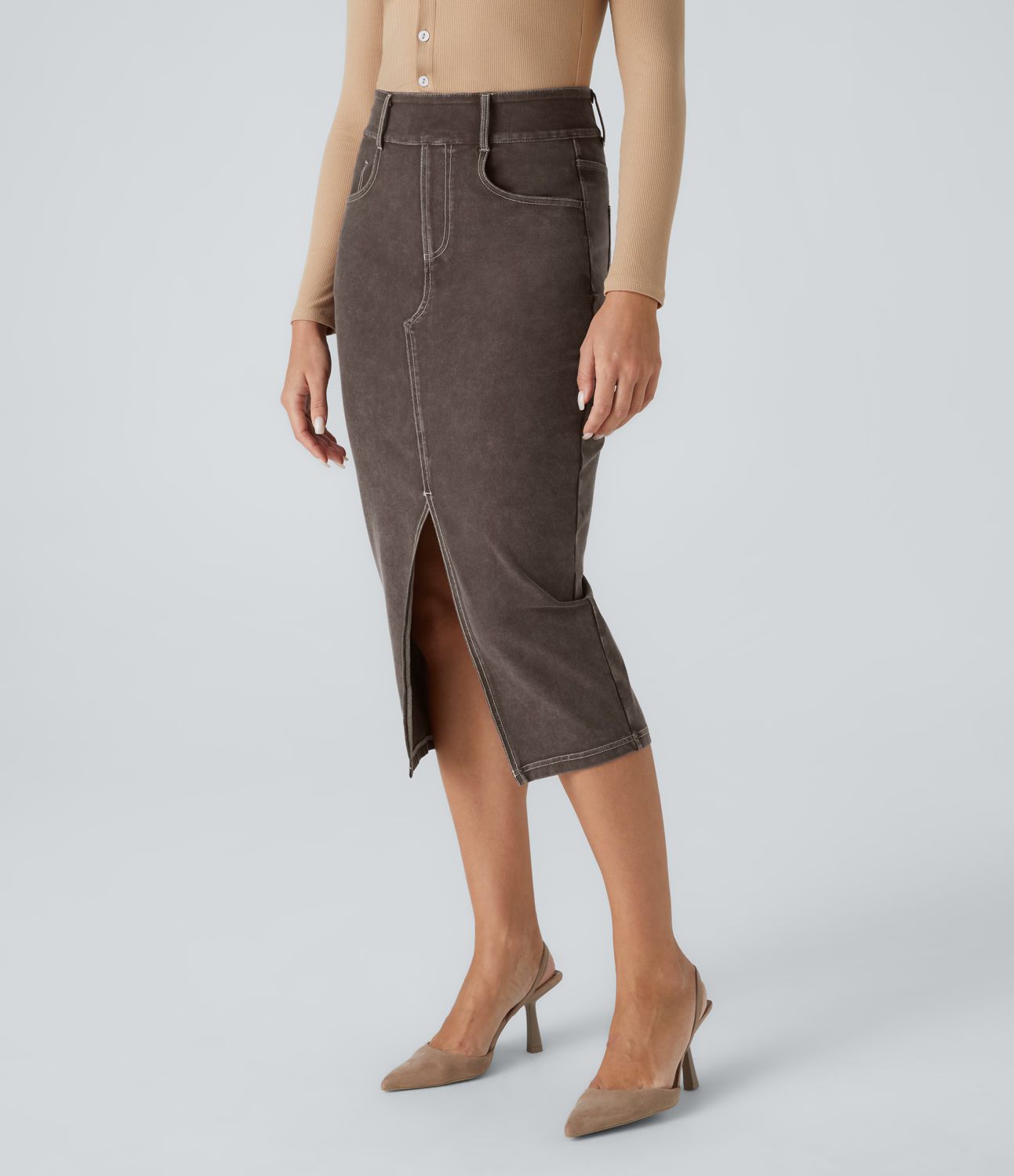 Halara Flex™ Jupe Mi-longue Casual En Denim Extensible Coloré A Poches Multiples Taille Haute