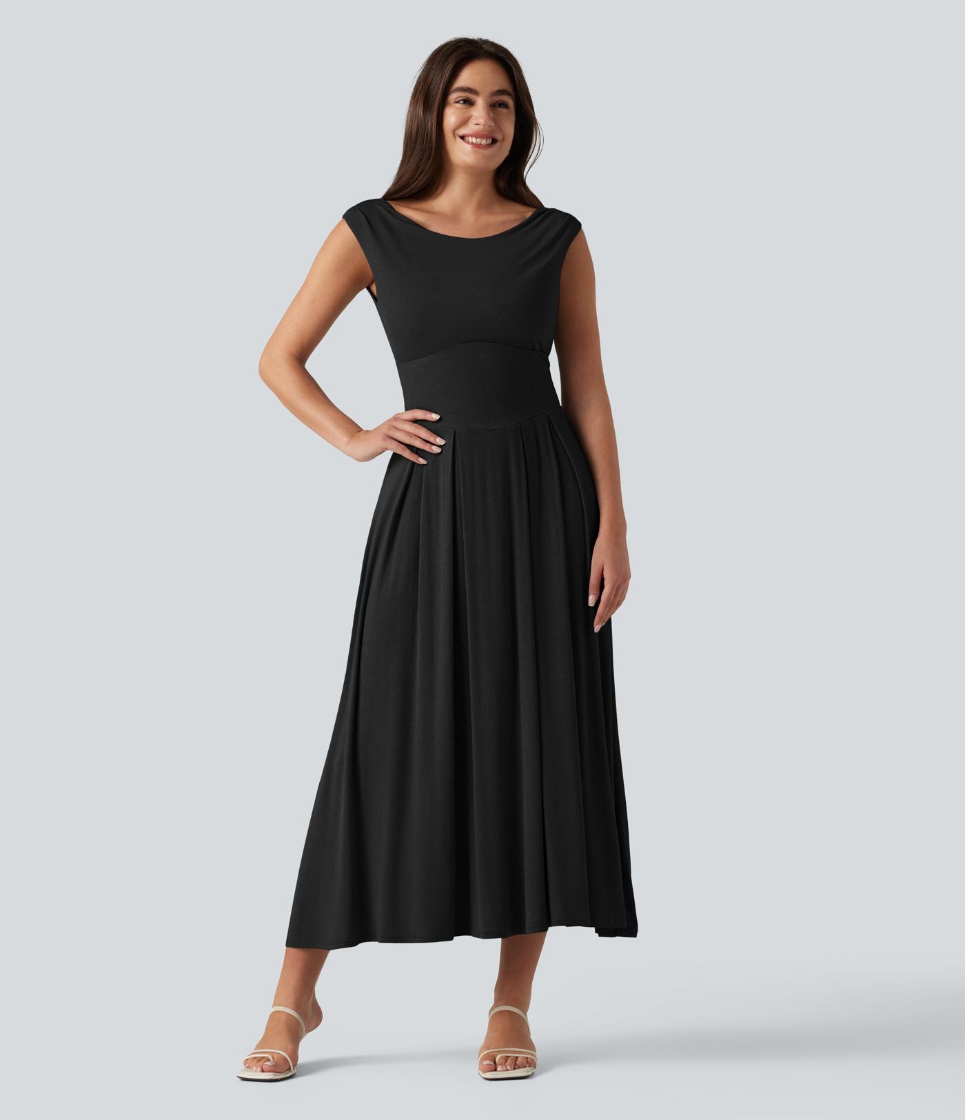 Robe midi casual fluide côtelée gainante à épaules dénudées