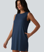 Robe mini gaufrée en coton col rond sans manches avec poches