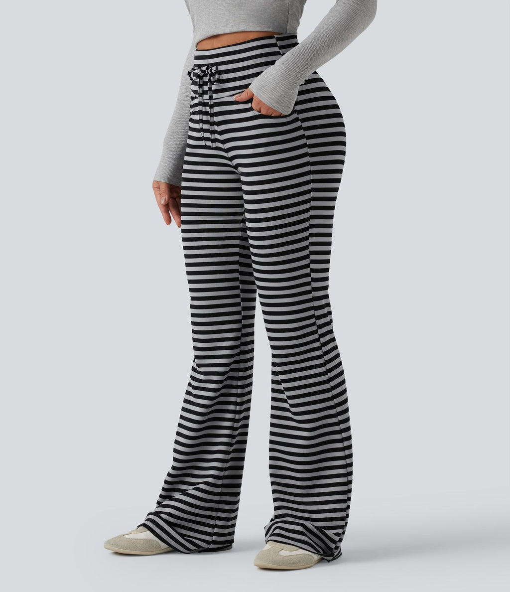 Pantalon évasé décontracté taille haute gainant à rayures en tissu gaufré avec cordon de serrage et poches
