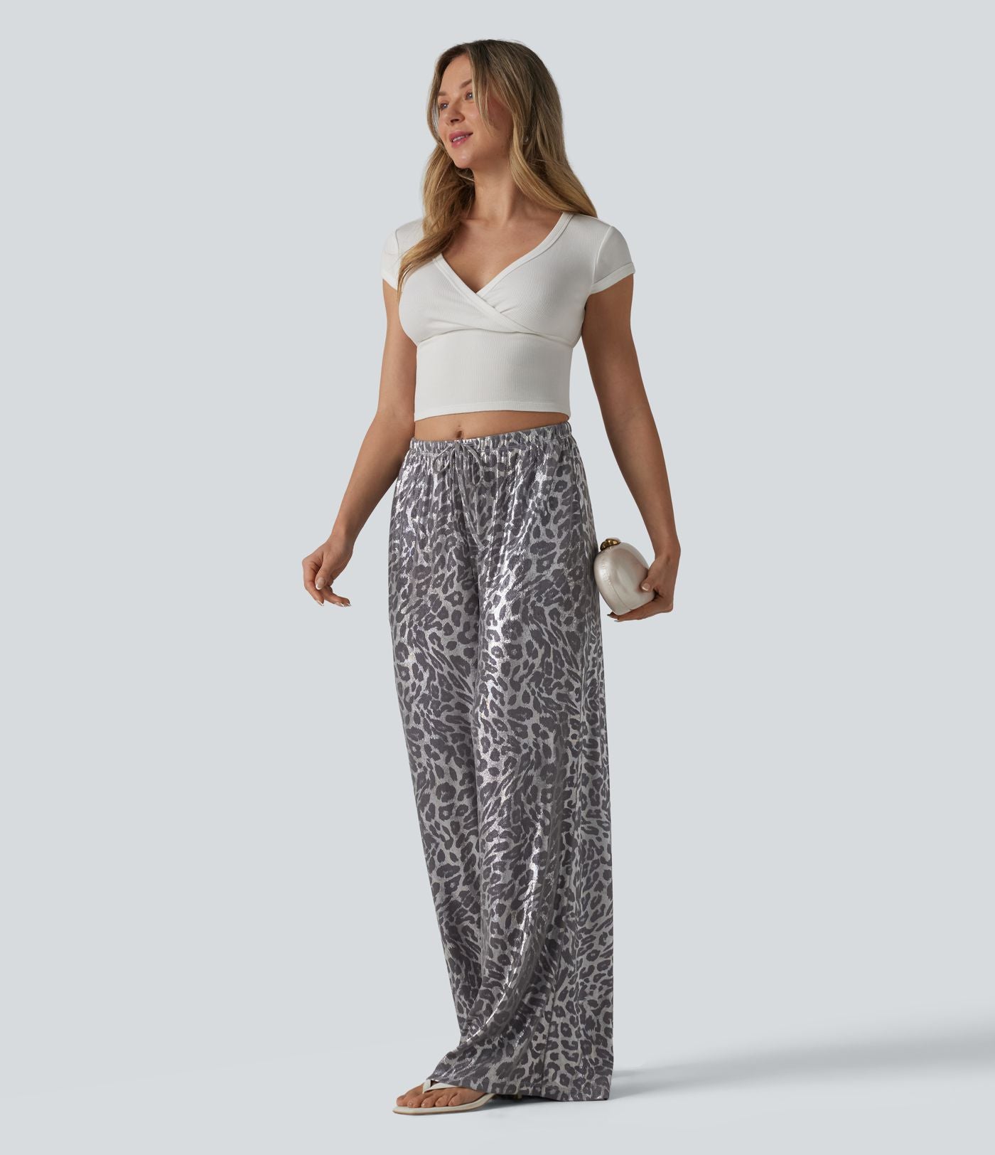 Pantalon leopard large décontracté taille mi-haute avec cordon de serrage et poches