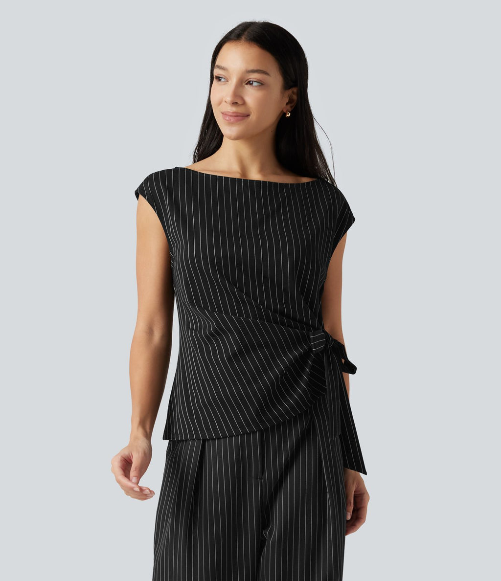 Blouse esprit bureau rayée à encolure bateau avec mancherons, fronces, lien côté et ourlet asymétrique