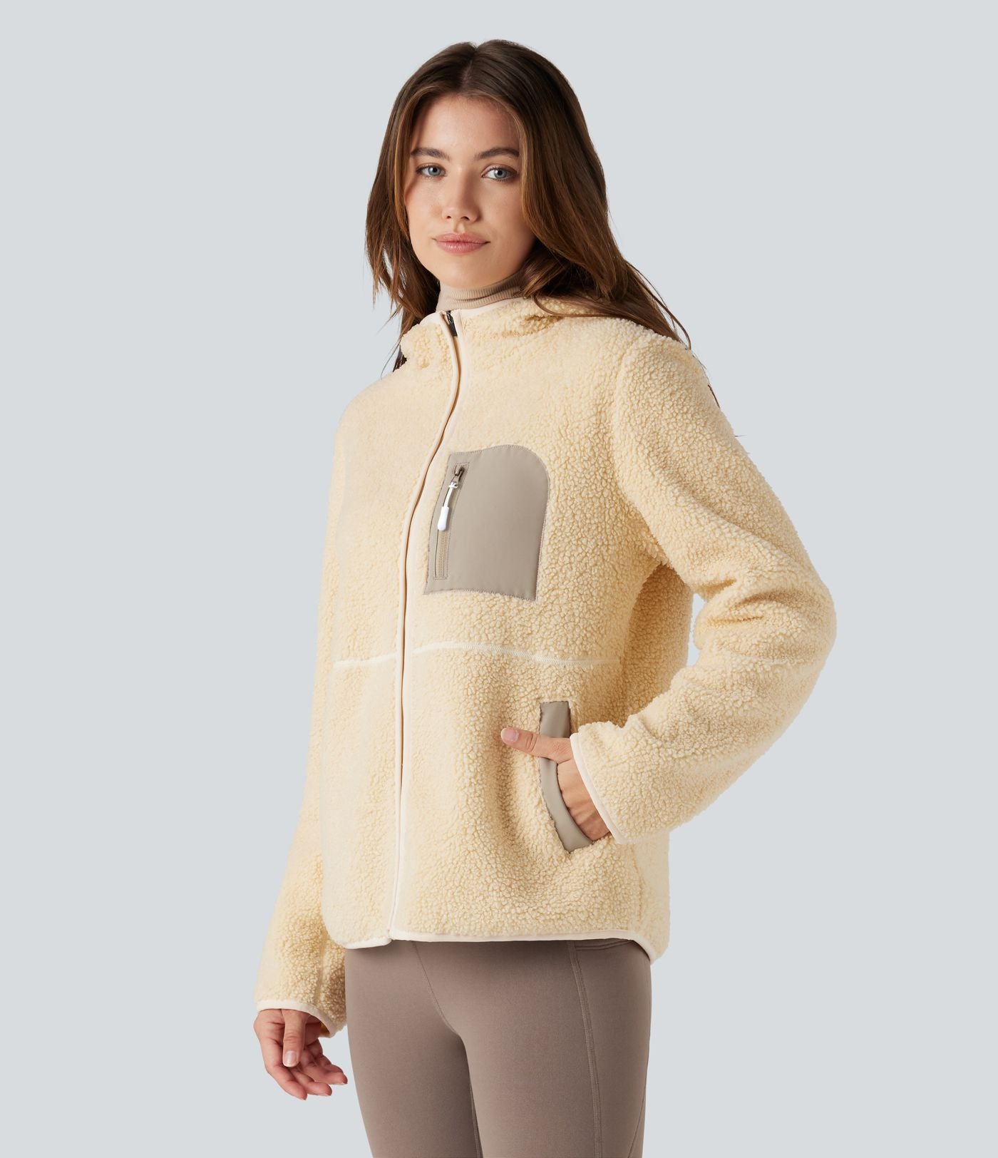 Veste sherpa randonnée à capuche manches longues avec poches