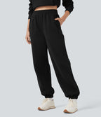 Jogging molleton taille haute repliable avec cordon de serrage et poches
