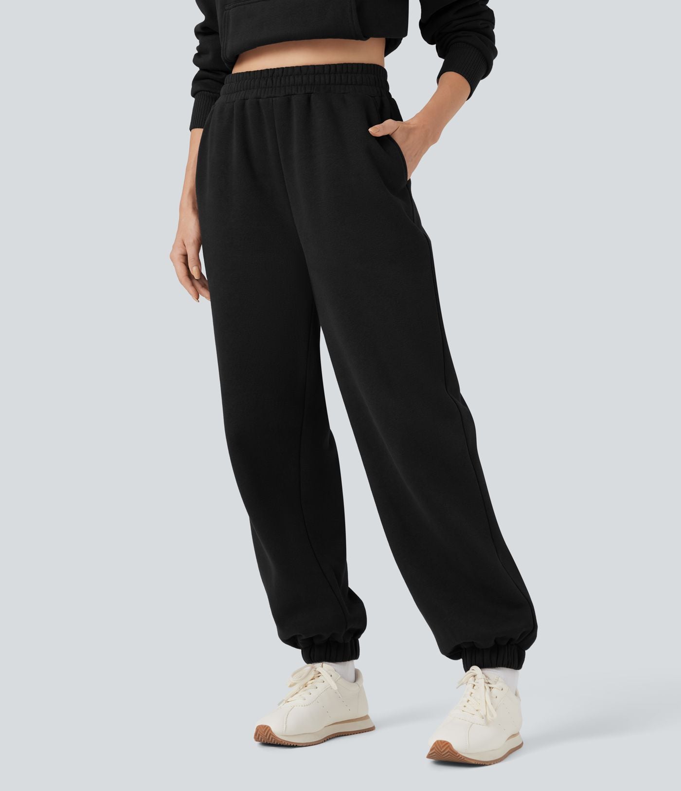 Jogging molleton taille haute repliable avec cordon de serrage et poches