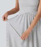 Robe fluide décontractée midi sans manches dos nu croisée à pois avec poches