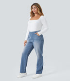 Jean décontracté Halara Flex™ grande taille, taille haute, multiples poches, jambes droites, effet délavé, en maille extensible